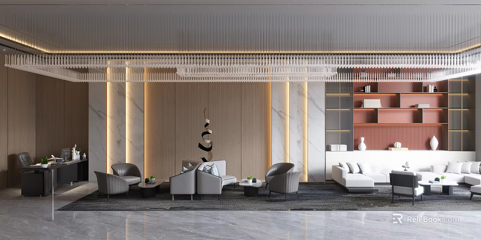 Elegant Modern Hotel Lobby With Crystal Chandelier Marble Walls And Comfortable Seating 3d model 