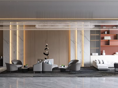 Elegant Modern Hotel Lobby With Crystal Chandelier Marble Walls And Comfortable Seating 3d model
