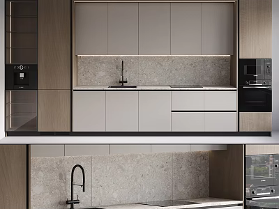 Modern Kitchen Interior Design With Wooden Light Grey Cabinets Stone Countertop And Appliances 3d model
