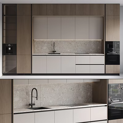 Modern Kitchen Interior Design With Wooden Light Grey Cabinets Stone Countertop And Appliances 3d model