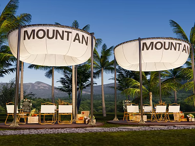 Outdoor Mountain Themed Tents With Palm Trees And Scenic Mountain View Setup 3d model