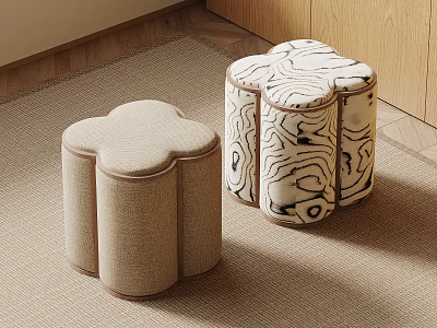 Two Elegant Clover Shaped Upholstered Fabric Stools For Warm Stylish Home Living Room Decoration 3d model
