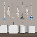 Bathroom Accessories Wall Mounted Mops Brushes Towels And White Storage Bins