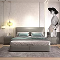 Modern Gray Double Bed with Headboard Pillows Blanket Nightstand Lamp and Wall Art