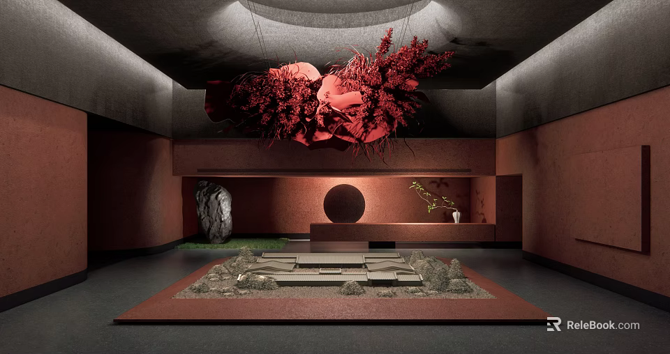 Sales Office Interior Design With Red Floral Decor Round Accent Stone And Green Plants 3d model 