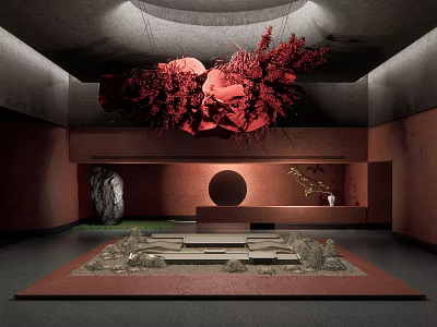 Sales Office Interior Design With Red Floral Decor Round Accent Stone And Green Plants 3d model