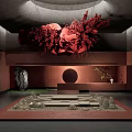Sales Office Interior Design With Red Floral Decor Round Accent Stone And Green Plants
