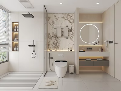 Modern Bathroom Interior Design With Open Shower Glass Partition Round Mirror And Vanity 3d model