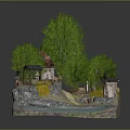 Cartoon Scene Model With Small Cottage Green Trees River And Scenic Pathway