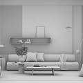 Modern Living Room Beige Sofa And Wooden Coffee Table With Dark Blue Wall Marble Texture