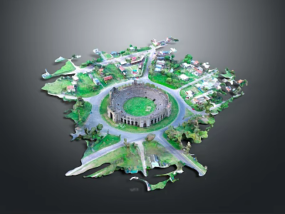 Stone and Wood Crafted Miniature Landscape with Circular Structure and Green Areas 3d model