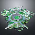 Stone and Wood Crafted Miniature Landscape with Circular Structure and Green Areas