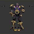 Futuristic Robot Character With Yellow Black Purple Armor And Side Flying Devices