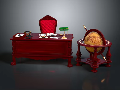 Vintage Study Interior With Red Wooden Desk Chair Globe Table Lamp And Telephone 3d model