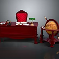 Vintage Study Interior With Red Wooden Desk Chair Globe Table Lamp And Telephone
