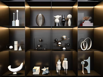 Home Interior Decorative Ornament Set With Multiple Geometric Designs And Display Shelves 3d model