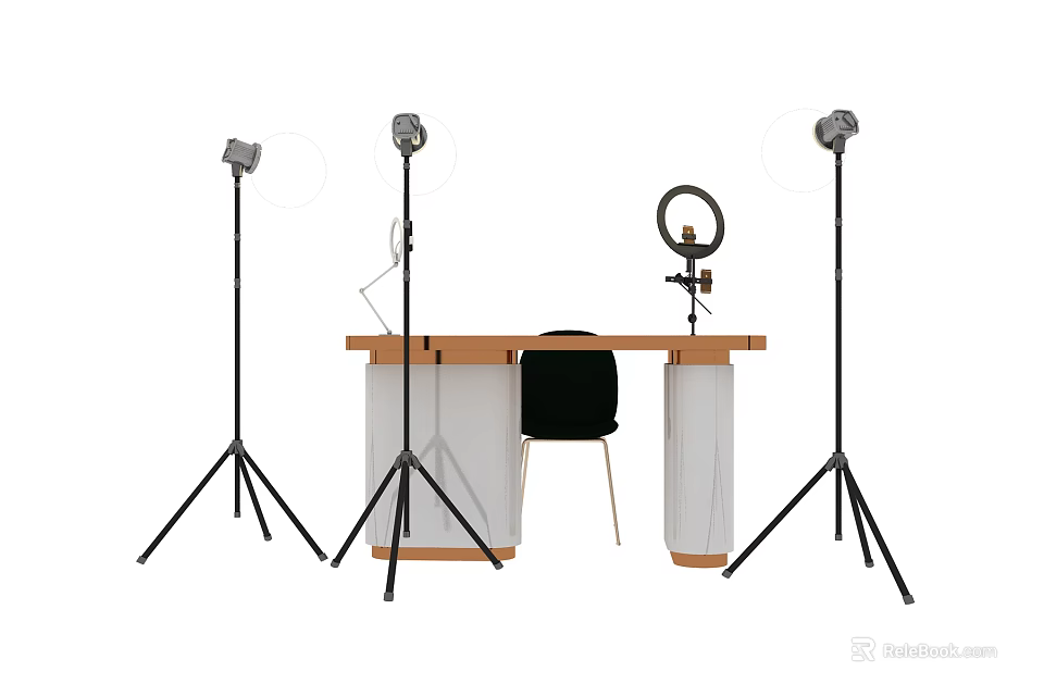 Professional Office Desk Setup With Studio Lights Ring Light Microphone And Chair 3d model 