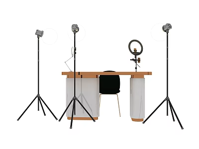 Professional Office Desk Setup With Studio Lights Ring Light Microphone And Chair 3d model