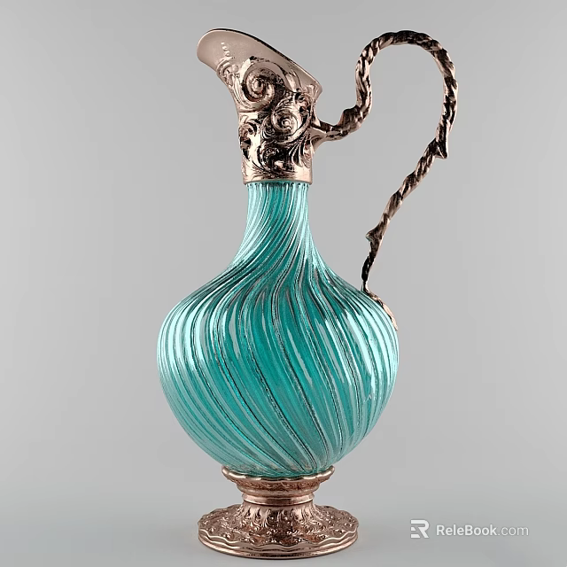 Ceramic Turquoise Vessel Featuring Swirl Pattern Brass Accents Dragon Head Decoration And Twisted Handle 3d model 
