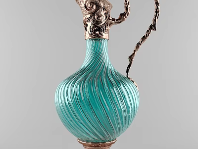 Ceramic Turquoise Vessel Featuring Swirl Pattern Brass Accents Dragon Head Decoration And Twisted Handle 3d model