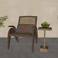 Modern Living Room Wooden Lounge Chair With Rattan Backrest Side Table Green Plants And Fruits
