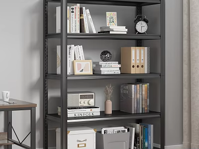 Black Storage Shelf With Books Folders Clock Photo Frame Radio And Storage Boxes 3d model