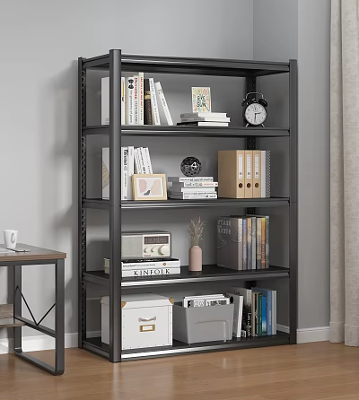 Black Storage Shelf With Books Folders Clock Photo Frame Radio And Storage Boxes 3d model