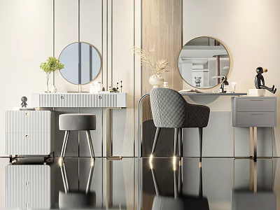 Modern Dressing Table With Round Mirror Upholstered Chair And Decorative Vases 3d model