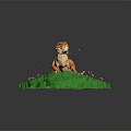 Orange Dinosaur Reptile Standing On Green Grass With Yellow Red Flowers And Flying Red Butterflies