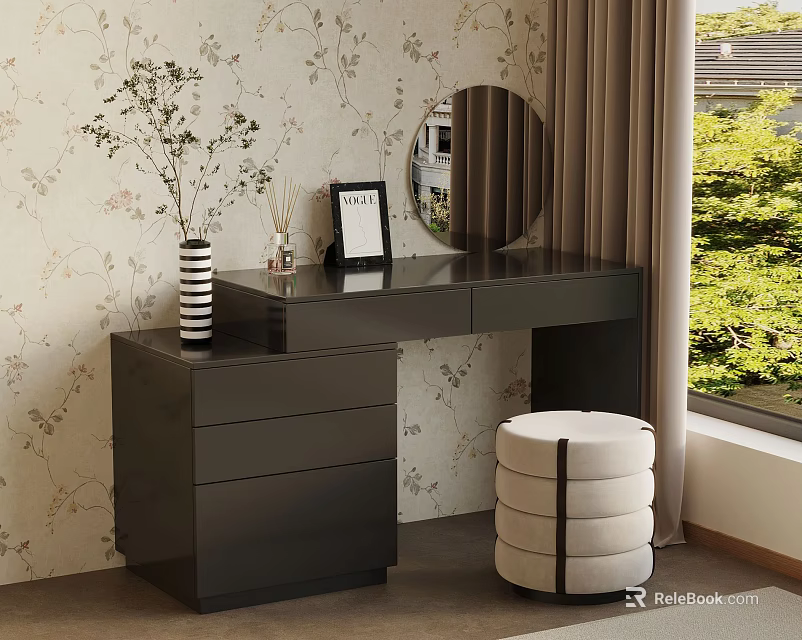 Dark Dressing Table with Drawers Round Mirror Vase Photo Frame and Upholstered Stool 3d model 
