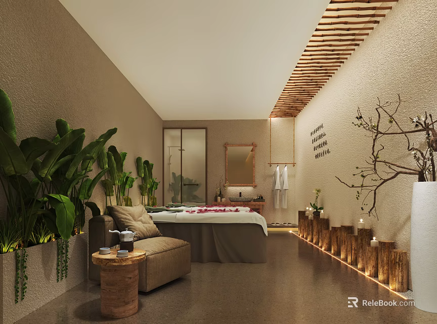 Serene SPA Sauna Interior Design With Green Plants Massage Bed And Wooden Ceiling 3d model 