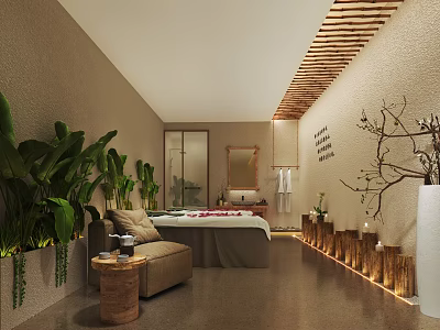 Serene SPA Sauna Interior Design With Green Plants Massage Bed And Wooden Ceiling 3d model