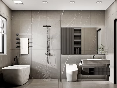 Modern Bathroom Interior With Grey Marble Walls Freestanding Bathtub Smart Toilet And Double Vanity 3d model