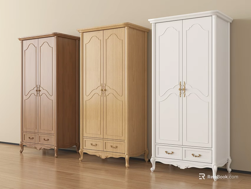 Wooden Wardrobes in Brown Light Wood White Colors with Classic Doors and Bottom Drawers 3d model 