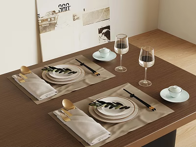 Elegant Dining Table Setting With Placemats Plates Napkins Gold Spoons Chopsticks And Wine Glasses 3d model