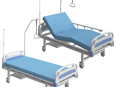 Adjustable Medical Beds With Blue Mattresses Wheels And Side Rails For Hospital Use 3d model