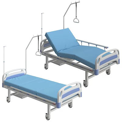 Adjustable Medical Beds With Blue Mattresses Wheels And Side Rails For Hospital Use 3d model