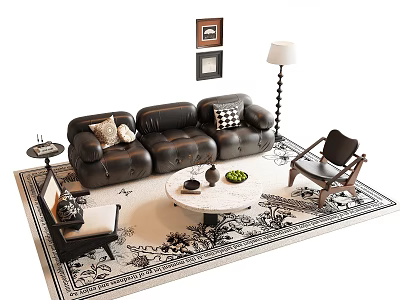Leather Sofa Set with Accent Chairs Round Coffee Table Green Plants and Black White Rug 3d model