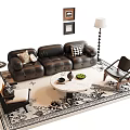 Leather Sofa Set with Accent Chairs Round Coffee Table Green Plants and Black White Rug