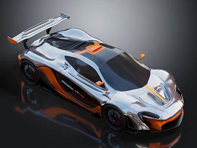 McLaren Super Car With Silver And Orange Streamlined Design Black Roof And Rear Spoiler 3d model