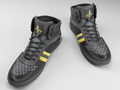 Gray High Top Shoes With Yellow Stripes Gold Logo Textured Upper And Black Soles 3d model