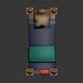 Wooden Bed with Carved Posts Pointed Tops Green Ornament Blue Bedspread Turquoise Blanket