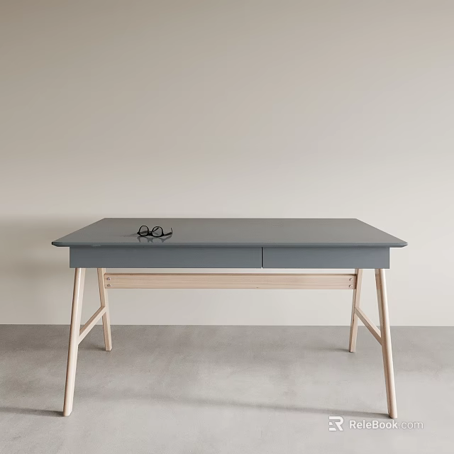 Modern Minimalist Desk With Gray Top And Light Wood Legs Featuring Eyeglasses On Clean Surface 3d model 
