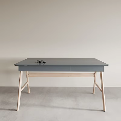 Modern Minimalist Desk With Gray Top And Light Wood Legs Featuring Eyeglasses On Clean Surface 3d model