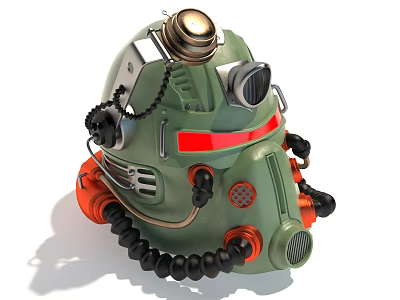 Smart Machine Helmet With Green Orange Color Metallic Components And Red Stripe 3d model