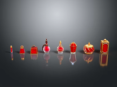 Woman Showcasing Red And Gold Perfume Bottles And Bags Against Black Background With Reflection 3d model