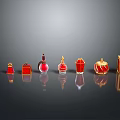 Woman Showcasing Red And Gold Perfume Bottles And Bags Against Black Background With Reflection