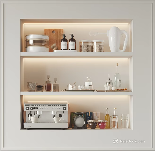 Modern Kitchen Built-in Shelves with Kitchenware Storage Lighting Coffee Machine Glassware and Containers 3d model