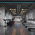 Modern Fitness Gym Interior Featuring Workout Equipment Ceiling Lights And Flooring Markings