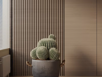 Green Cactus Potted Plant in Gray Handle Pot with Wooden Striped Wall and Window Blinds 3d model